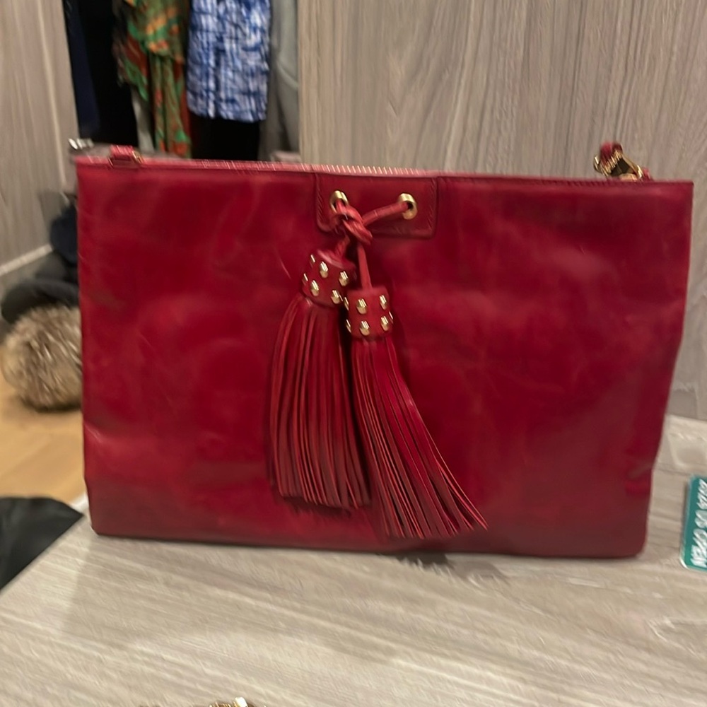 Crimson red Badgley Mischka clutch / crossbody / wristlet bag with gold chain